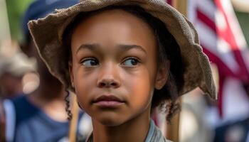 sonriente niños en naturaleza, americano bandera ondulación generado por ai foto