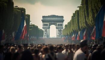 Crowd triumphs at national landmark, backlit by sunset generated by AI photo