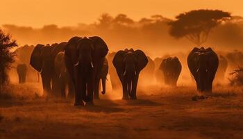 African elephant herd grazing in tranquil savannah generated by AI photo