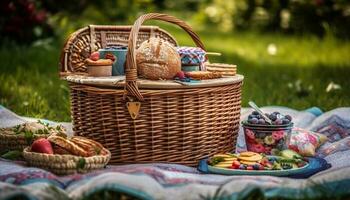 Fresco orgánico Fruta y un pan para picnic comida generado por ai foto