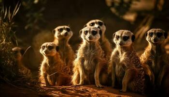 pequeño grupo de suricatas sentado alerta al aire libre generado por ai foto