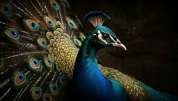 Majestic peacock displays vibrant multi colored feather elegance generated by AI photo