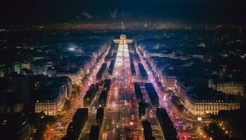 Glowing city skyline at twilight, no people generated by AI photo