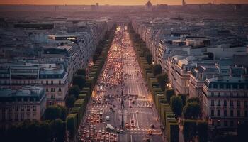 Illuminated city skyline at dusk, traffic jam generated by AI photo