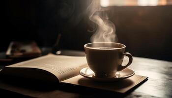 Hot drink on wooden table, perfect relaxation generated by AI photo