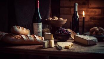 Rustic bread, wine, and cheese on table generated by AI photo