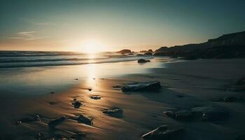 puesta de sol terminado tranquilo aguas, reflejando natural belleza generado por ai foto