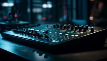 Sound engineer sliding knob on mixing desk generated by AI photo