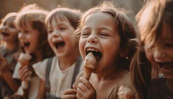 sonriente niños participación hielo crema, disfrutando verano generado por ai foto