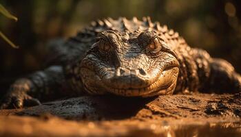 Spooky alligator crawls through wet tropical swamp generated by AI photo