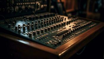 Sound engineer adjusts knobs on mixing desk generated by AI photo