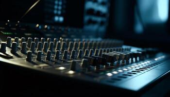 Sound engineer pushing knobs on mixer panel generated by AI photo