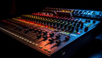 Sound engineer adjusting knobs on illuminated control panel generated by AI photo