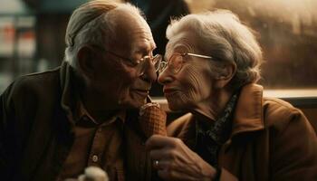 Retired couple enjoys ice cream on vacation generated by AI photo