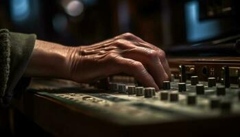 Finger on knob, musician adjusts sound levels generated by AI photo