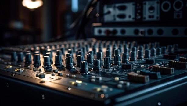 Sound engineer slides knob on illuminated mixer generated by AI photo