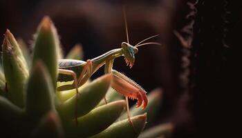 Sharp yellow ant leg on green leaf generated by AI photo