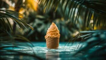 dulce hielo crema cono con tropical Fruta coberturas generado por ai foto