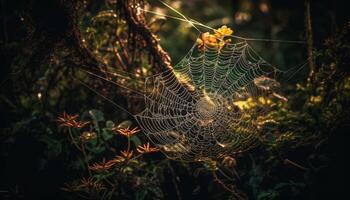 Rocío gotas en araña web en bosque generado por ai foto