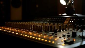 Sound engineer adjusts knob on mixing panel generated by AI photo