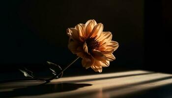 amarillo margarita florecer en oscuro madera mesa generado por ai foto