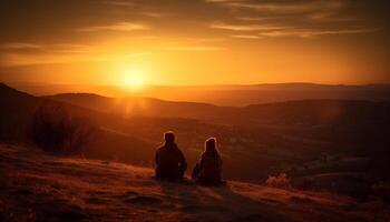 Couple embraces, backlit by sunset on mountain generated by AI photo