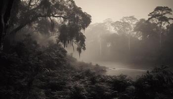 Mysterious fog shrouds tranquil autumn forest scene generated by AI photo