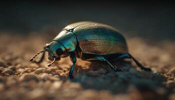 brillante gorgojo gatea en verde hoja al aire libre generado por ai foto