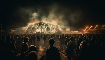 Nighttime music festival, fans dancing in spotlight generated by AI photo