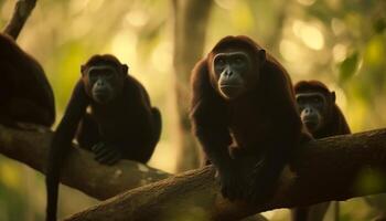 Young monkey sitting on branch in forest generated by AI photo