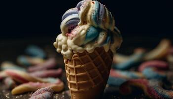 Indulgent ice cream cone with fruity toppings generated by AI photo