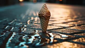 Sweet ice cream cone melts in summer heat generated by AI photo