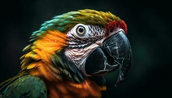 vibrante guacamayo encaramado en rama, retrato generado por ai foto