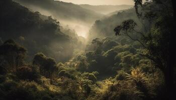 Mystery in nature fog, mountain, and tree generated by AI photo