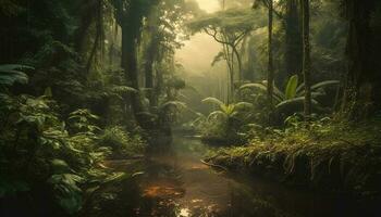 Tranquil scene in tropical rainforest with fog generated by AI photo