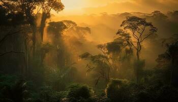 Mysterious mountain forest at dawn, tranquil beauty generated by AI photo