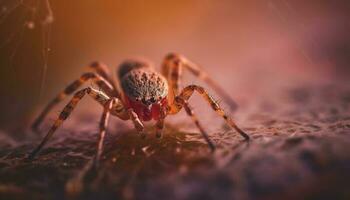 Spooky arachnid crawling on hairy spider web generated by AI photo