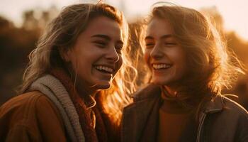 Two young women embrace, smiling in nature generated by AI photo