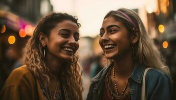 Young women smiling, enjoying nightlife and togetherness generated by AI photo