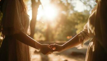 Heterosexual couple holding hands, enjoying nature sunset generated by AI photo