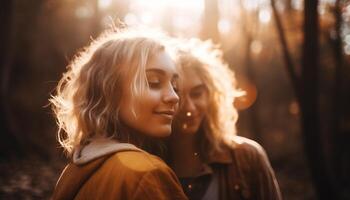 dos joven mujer sonriente en otoño luz de sol generado por ai foto