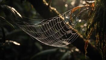 Spider web glistens with dew in forest generated by AI photo