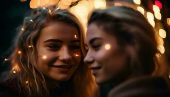 Smiling young women embrace in glowing Christmas lights generated by AI photo