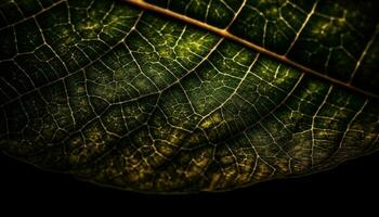 Vein fractal textured leaf, vibrant green backdrop generated by AI photo