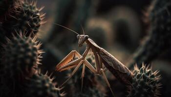 Sharp thorn on green leaf, danger for ant generated by AI photo
