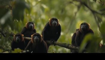 joven primate familia comiendo en verde rama generado por ai foto