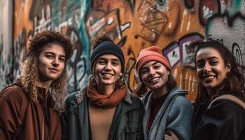 Group of young adults smiling in autumn park generated by AI photo