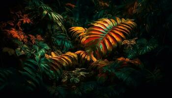 Vibrant foliage illuminates dark tropical rainforest backdrop generated by AI photo