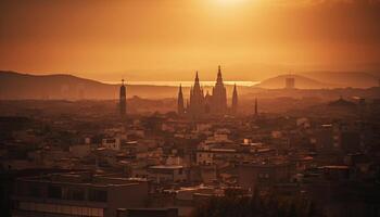 gótico agujas silueta antiguo ciudad a crepúsculo generado por ai foto