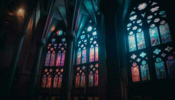 Stained glass illuminates majestic gothic basilica architecture generated by AI photo